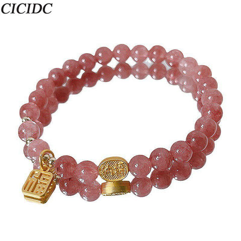 Pink Dragon Strawberry Crystals Bracelet Attracting Wealth and Blessing Ethnic Style Beaded Bracelet Women's Daily Wearing Handpiece