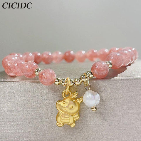Pink Dragon Strawberry Crystals Bracelet Attracting Wealth and Blessing Ethnic Style Beaded Bracelet Women's Daily Wearing Handpiece