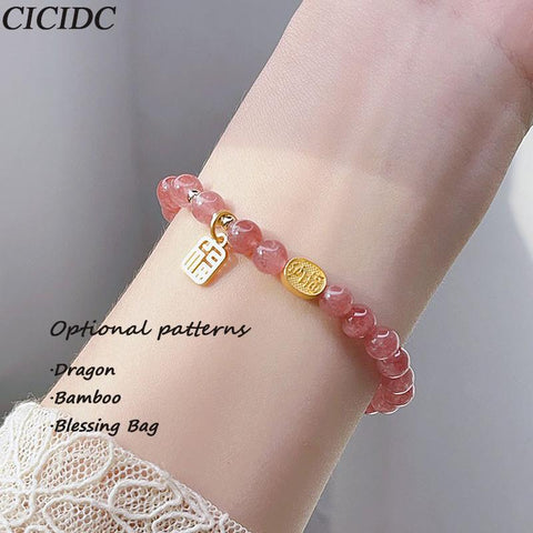 Pink Dragon Strawberry Crystals Bracelet Attracting Wealth and Blessing Ethnic Style Beaded Bracelet Women's Daily Wearing Handpiece