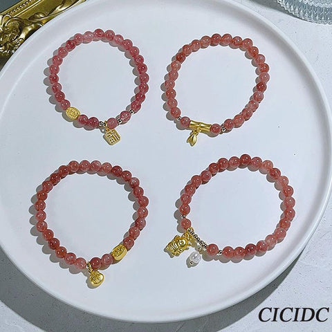 Pink Dragon Strawberry Crystals Bracelet Attracting Wealth and Blessing Ethnic Style Beaded Bracelet Women's Daily Wearing Handpiece