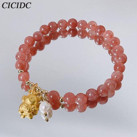 Pink Dragon Strawberry Crystals Bracelet Attracting Wealth and Blessing Ethnic Style Beaded Bracelet Women's Daily Wearing Handpiece