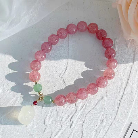 Cute Strawberry Quartz Rabbit Bracelet