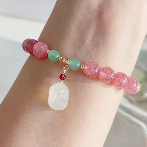 Cute Strawberry Quartz Rabbit Bracelet