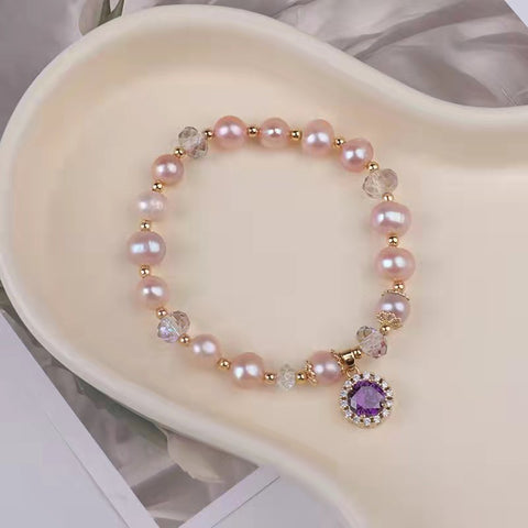 Gorgeous Elegant Pink Pearl Bracelet with Purple Charm
