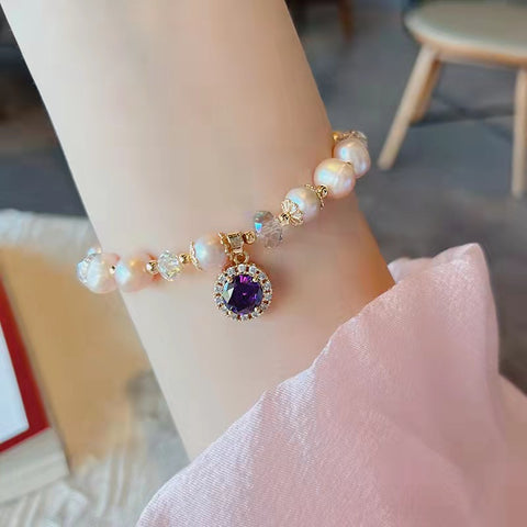 Gorgeous Elegant Pink Pearl Bracelet with Purple Charm