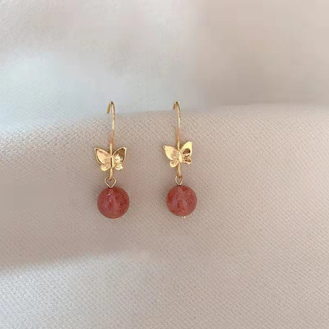 Strawberry Crystal Earrings With Butterfly