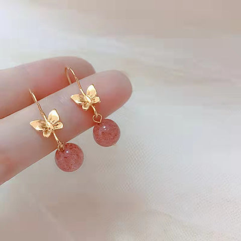 Strawberry Crystal Earrings With Butterfly